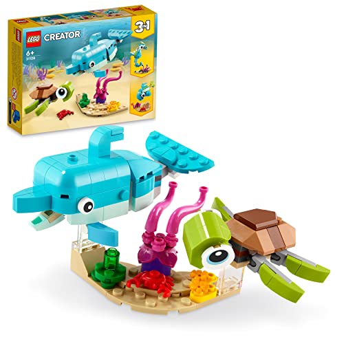 LEGO 31127 Creator Delfín y Tortuga, Animales Marinos de Juguete para Niños y Niñas de 6 Años, Set de Construcción de Figuras 3 en 1