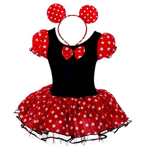 Lito Angels Disfraz de Minnie Mouse con aro de pelo con orejas de ratón para bebé niña Vestido de falda de tutu de danza de lunares rojos Talla 12 a 24 meses