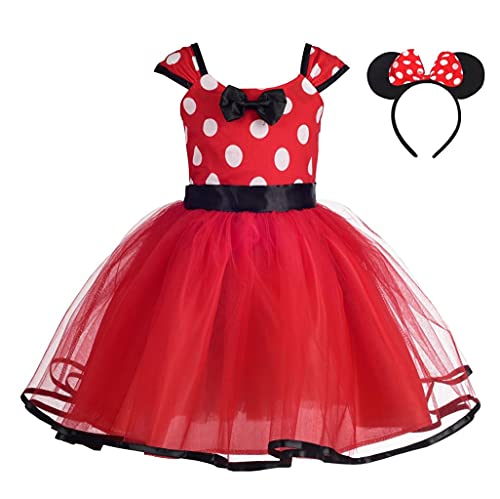 Lito Angels Disfraz de Minnie Mouse para Niña con Orejas de Ratón Aro de Pelo, Vestido de Tul con Lunares, Talla 5-6 años, Rojo