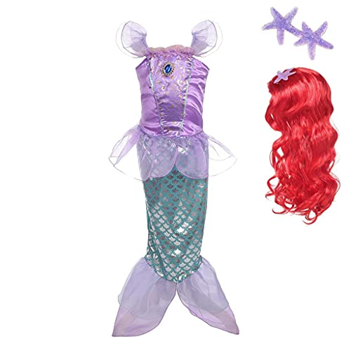 Lito Angels Disfraz Sirenita Vestido Sirena Princesa Ariel con Peluca de Pelo para Niñas Pequeñas, Talla 2 años, Púrpura