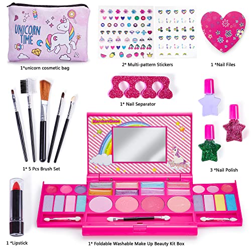 Lubibi 15 Pcs Unicornio Set de Maquillaje Lavable para niños Lápiz Labial Esmalte de uñas Kit de cosméticos Reales de Seguridad Probada Juguete cumpleaños Navidad Regalo y para niñas 456789