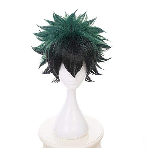 LZT Peluca de cosplay corta de color negro y verde oscuro del personaje de Izuku Midoriya (Deku) del anime "My Hero Academia". Casquillo de peluca incluido