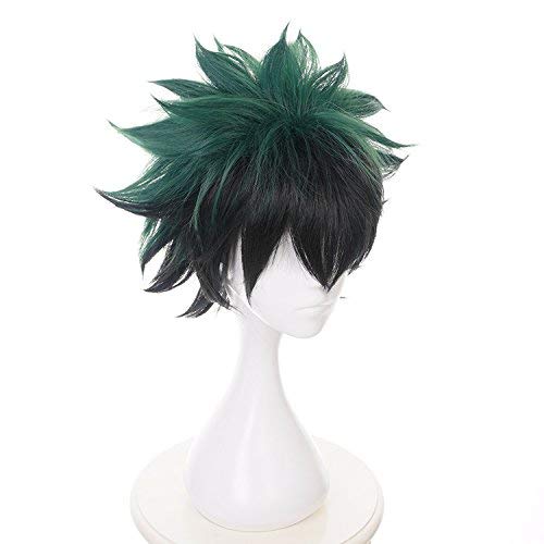 LZT Peluca de cosplay corta de color negro y verde oscuro del personaje de Izuku Midoriya (Deku) del anime "My Hero Academia". Casquillo de peluca incluido