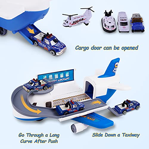 m zimoon Aviones de Juguete,Versión mejorada Avión de Transporte de Carga Juego de Juguetes para Coche Regalo para Niños y Niñas con 1 Aviones de transporte 3 coches 1 Motora 1 Helicóptero (Azul)