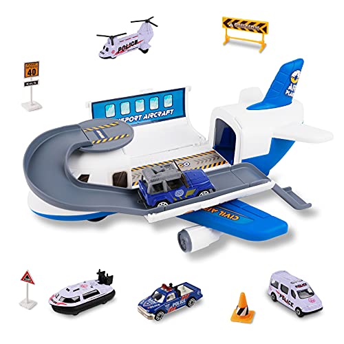 m zimoon Aviones de Juguete,Versión mejorada Avión de Transporte de Carga Juego de Juguetes para Coche Regalo para Niños y Niñas con 1 Aviones de transporte 3 coches 1 Motora 1 Helicóptero (Azul)