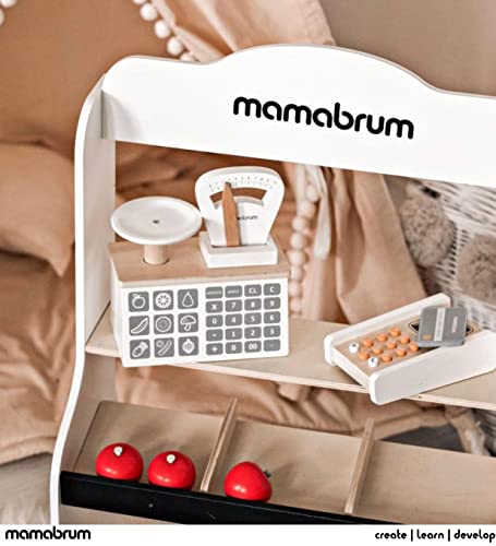 mamabrum, Tienda de madera para niños, minimarkt, tienda de compras para niños, madera natural, puesto de venta con báscula, terminal, tarjetas de números y fruta, puesto de mercado con accesorios