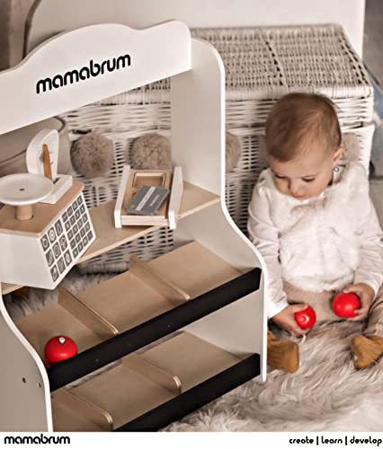 mamabrum, Tienda de madera para niños, minimarkt, tienda de compras para niños, madera natural, puesto de venta con báscula, terminal, tarjetas de números y fruta, puesto de mercado con accesorios