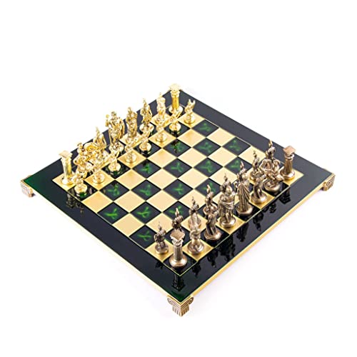 Manopoulos Greek Roman Army Large Chess Set - Brass&Green - Green Chess Board