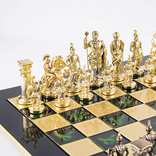 Manopoulos Greek Roman Army Large Chess Set - Brass&Green - Green Chess Board