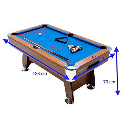 MASGAMES | Billar Masgames Deluxe 6ft | billar más pequeño 183 cm (largo) x 91 cm (ancho) x 79 cm (alto) (Medidas exteriores) | Con retorno de bolas | patas graduables | Accesorios incluidos |