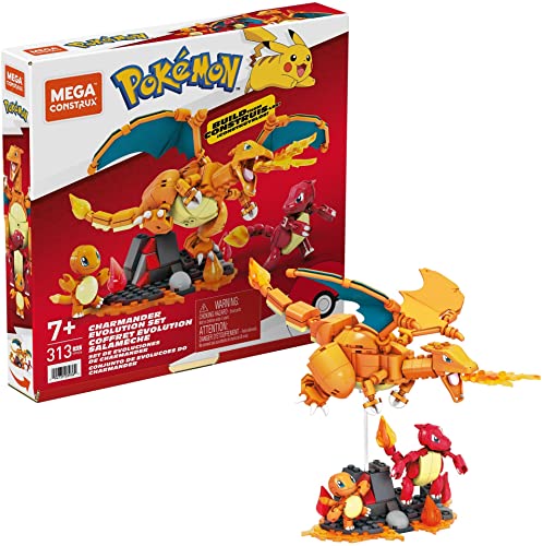 Mega Construx Pokémon Evolución de Charmander - Juego de Construcción - 3 Figuras Construibles y Articuladas - Regalo para Niños de 7+ Años