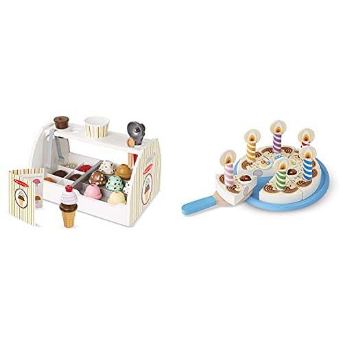 Melissa & Doug Set De 28 Piezas De Madera para Preparar Helados, Wooden Ice Cream Counter + Birthday Party Wooden Play Food Fiesta De Cumpleaños Comida De Juego De Madera, Multicolor