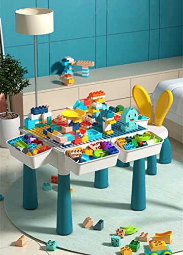 Mesa de actividades para niños: juego de 216 piezas grandes DIY + 142 bloques de construcción para tobogán + 4 cajas de almacenamiento + 4 elevadores de mesa + 1 silla.