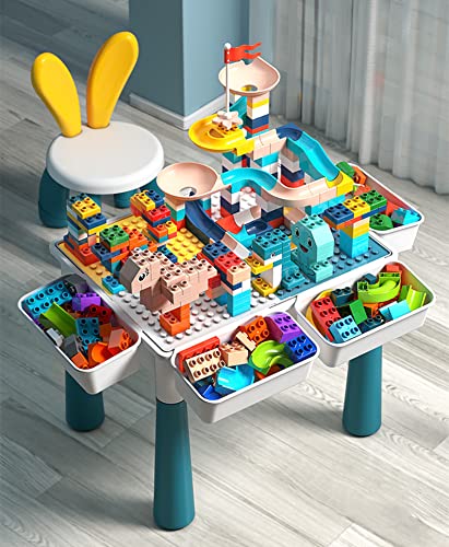 Mesa de actividades para niños: juego de 216 piezas grandes DIY + 142 bloques de construcción para tobogán + 4 cajas de almacenamiento + 4 elevadores de mesa + 1 silla.