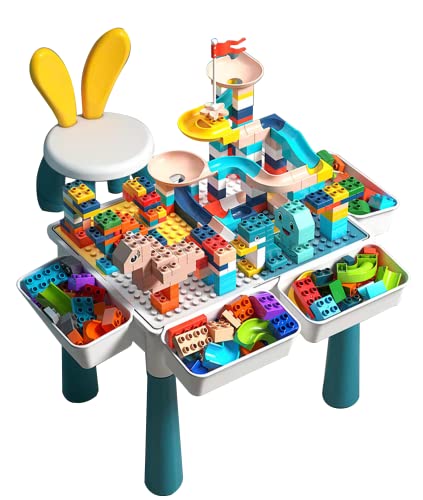 Mesa de actividades para niños: juego de 216 piezas grandes DIY + 142 bloques de construcción para tobogán + 4 cajas de almacenamiento + 4 elevadores de mesa + 1 silla.