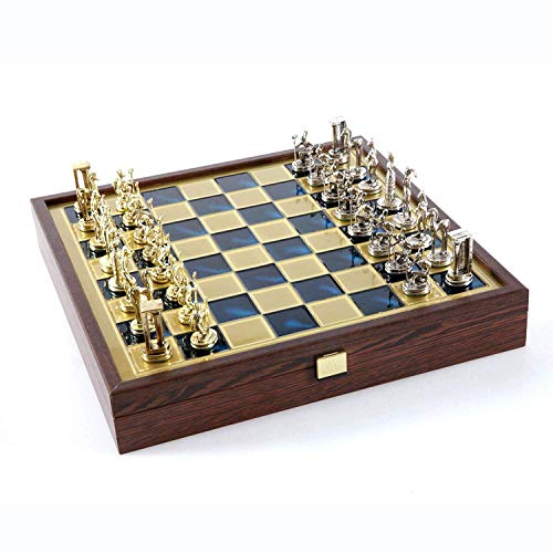 Minoan Period Brass-Nickel Chess Set - Wooden Case Blue Brass Board