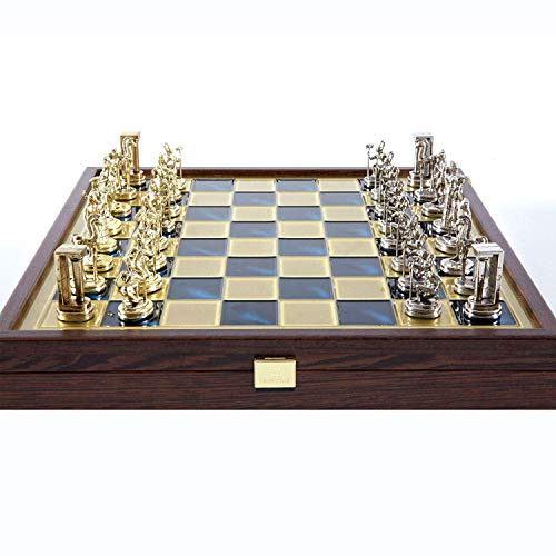 Minoan Period Brass-Nickel Chess Set - Wooden Case Blue Brass Board