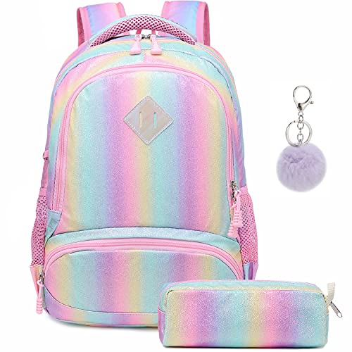 Mochila Escolar Niñas Mochila Arcoiris Chica Mochila Niño Mochilas Infantiles Rainbow Backpack Mujeres Sets de Bolsa 2 en 1 con Estuche - Teenage Girls Daypack para Viajes