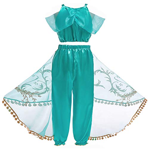 Monissy Niña Aladdin Princesa Jasmine Disfraz Tops Pantalones Manga Corta Traje Cosplay Actuación Carnaval Navidad Regalo Cumpleaños Danza Vientre Vestido de Princesa 3-10Años 110-150cm