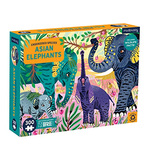 MudPuppy-300 pcs Endangered Species Puzzle/Asian Elephants Rompecabezas, Multicolor (356714)