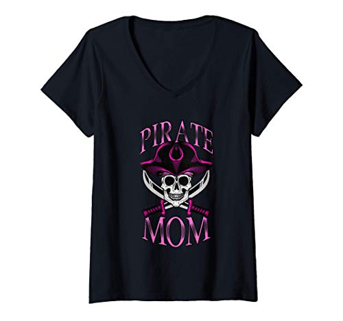 Mujer Disfraz pirata mamá Halloween calavera mate mamás piratas Camiseta Cuello V