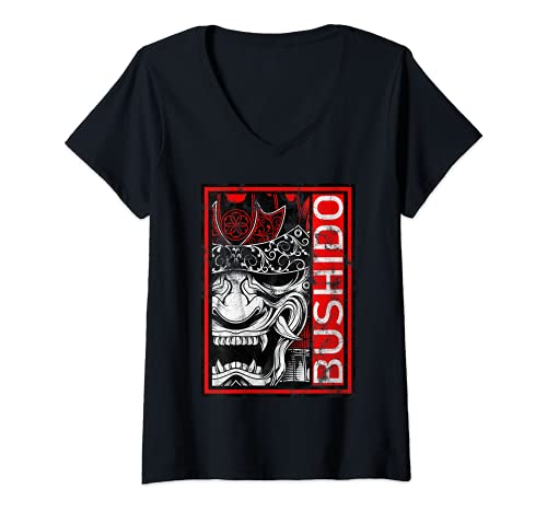 Mujer Máscara japonesa Samurai Bushido Oni Camiseta Cuello V