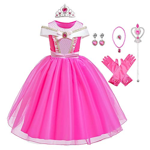 MYRISAM Vestidos de Princesa Aurora para Niñas Disfraz de Carnaval Bella Durmiente Traje de Halloween Navidad Cumpleaños Fiesta Ceremonia Aniversario Cosplay Vestir con Accesorios 4-5 años