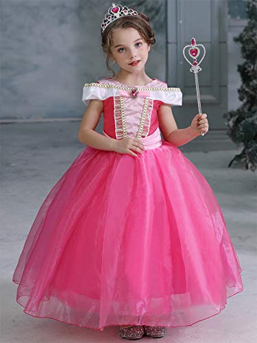 New front Disfraz Niña Princesa Aurora Vestido La Bella Durmiente Navidad Cumpleaños Largo Costume Diadema Varita Mágica Guantes Collar Traje Regalo Halloween Carnaval 3-8 Años