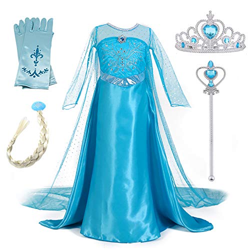 New front Niñas Vestido de Princesa Elsa Elegante Disfraz de Reina Frozen Festivo y Accesorios Corona,Vara,Trenza,Guantes Chica Cosplay Traje de Fiesta Carnaval Navidad Boda(2-10 Años,Azul,110-150cm)