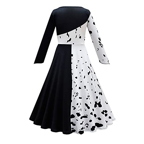 Niña Cruella Deville Disfraz 2021 Dálmata Halloween Cosplay Fiesta de Carnaval Personaje de Película Negro Blanco Manchado Vestido de Manga Larga Conjunto de Capa Ropa de Cumpleaños Blanco 9-10 Años