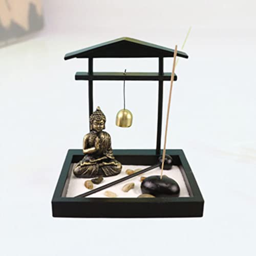 NUOBESTY Mini Zen Garden con Sand Buddha Statue Bell Rake Inciense Holder Sandbox Sandbox para La MEDITACIÓN Y LA RELAJACIÓN Oficina DE LA CASA