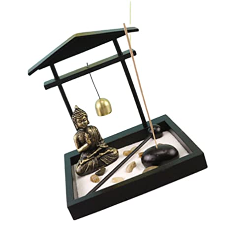 NUOBESTY Mini Zen Garden con Sand Buddha Statue Bell Rake Inciense Holder Sandbox Sandbox para La MEDITACIÓN Y LA RELAJACIÓN Oficina DE LA CASA