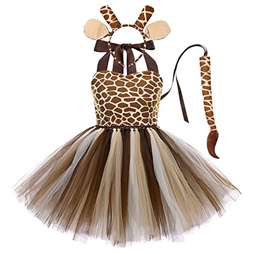 OBEEII 3Piezas Disfraz de Animal para Niñas Chicas Vestido de Leopardo/Jirafa/Cebra/Tigre/Vacas Tutu con Cola Diadema Cosplay Halloween Carnaval Traje Jirafa 11-12 Años