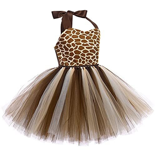 OBEEII 3Piezas Disfraz de Animal para Niñas Chicas Vestido de Leopardo/Jirafa/Cebra/Tigre/Vacas Tutu con Cola Diadema Cosplay Halloween Carnaval Traje Jirafa 11-12 Años