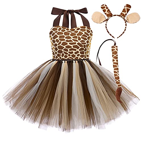 OBEEII 3Piezas Disfraz de Animal para Niñas Chicas Vestido de Leopardo/Jirafa/Cebra/Tigre/Vacas Tutu con Cola Diadema Cosplay Halloween Carnaval Traje Jirafa 11-12 Años