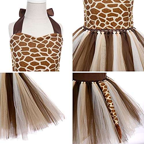 OBEEII 3Piezas Disfraz de Animal para Niñas Chicas Vestido de Leopardo/Jirafa/Cebra/Tigre/Vacas Tutu con Cola Diadema Cosplay Halloween Carnaval Traje Jirafa 11-12 Años