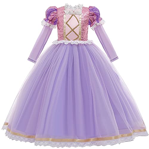 OBEEII Vestido Princesa Disfraz de Rapunzel para Niña Carnaval Traje Infantil Fairy Tales Disfraces para Halloween Navidad Cosplay Vestidos de Fiesta de cumpleaños para Niñas 7-8 años