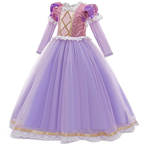 OBEEII Vestido Princesa Disfraz de Rapunzel para Niña Carnaval Traje Infantil Fairy Tales Disfraces para Halloween Navidad Cosplay Vestidos de Fiesta de cumpleaños para Niñas 7-8 años