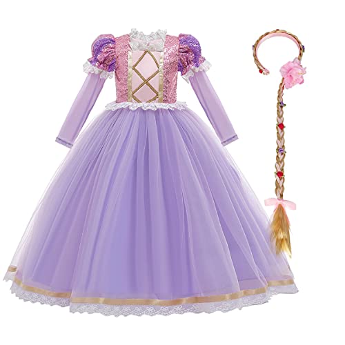 OBEEII Vestido Princesa Disfraz de Rapunzel para Niña Carnaval Traje Infantil Fairy Tales Disfraces para Halloween Navidad Cosplay Vestidos de Fiesta de cumpleaños para Niñas 7-8 años