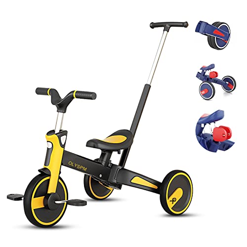 OLYSPM 5 en 1 Bicicleta sin Pedales para Niños,Triciclo,Bicicleta para Niños de 1 a 5 Años,Bicicletas de Equilibrio con Varilla de Empuje Orientable,Lindo de Regalo Favorito del Niño(Amarillo)