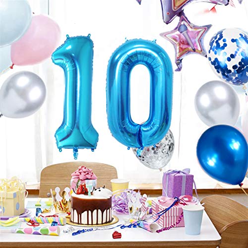 Ouceanwin 10 Cumpleaños Decoración Azul, Gigante Globos Numeros 10, Bandera de Globos Happy Birthday, Globos de Confeti, Banderín Plateado, 10 años Fiesta de Cumpleaños Kit para Niño Chico