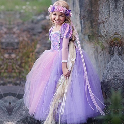 OwlFay Vestido Princesa Disfraz de Rapunzel para niña Carnaval Traje Infantil Fairy Tales Disfraces para Halloween Navidad Cosplay Vestidos de Fiesta de cumpleaños para Niñas 7-8 años