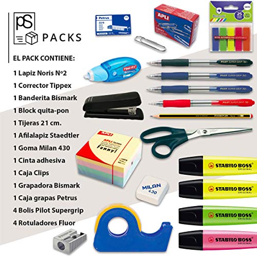 Pack Material Oficina - PS BASICS OFFICE (PLUS) - Kit de material Oficina: Subrayadores, Bolígrafos, Corrector Tipp-ex, Cinta Adhesiva, Tijeras, Grapadora. Productos de Papeleria al Mejor Precio