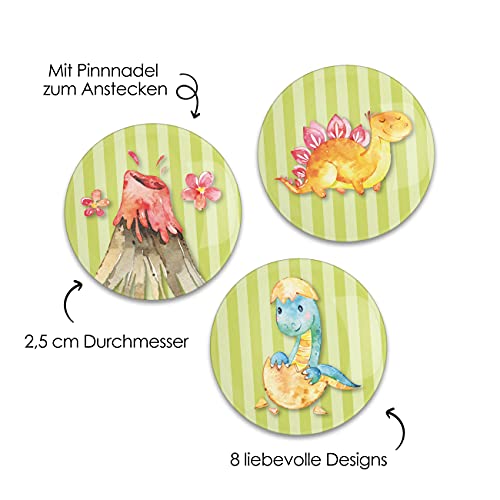 Papierdrachen 8 Mini chapas (25mm) como Regalo para el cumpleaños de los niños | decoración para el Estuche o la Mochila Escolar | Regalo para el Primer día de Colegio - Diseño Dino - Set 4