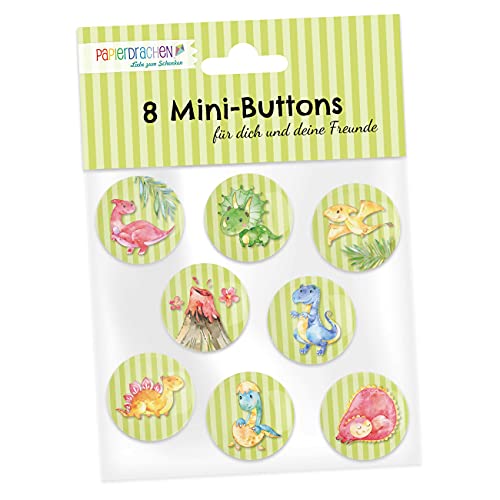 Papierdrachen 8 Mini chapas (25mm) como Regalo para el cumpleaños de los niños | decoración para el Estuche o la Mochila Escolar | Regalo para el Primer día de Colegio - Diseño Dino - Set 4