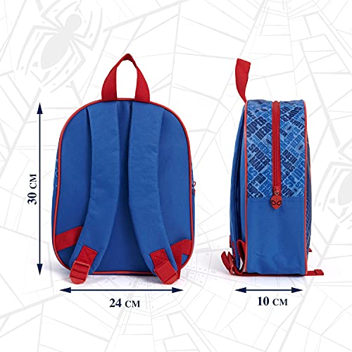 PERLETTI Mochila Escolar Spiderman para Niños 3 4 5 Años - Mochilita Niño para Guardería con Hombre Araña - Bolso Infantil Marvel Spider Man Viaje y Tiempo Libre Azul y Rojo - 30x24x10 cm