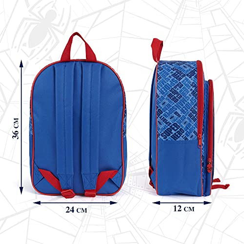 PERLETTI Mochila Niño Marvel Spider Man con Bolsillo Frontal - Mochilita para Niños Spiderman con Tirantes Regulables Azul y Rojo - Bolso Escolar Hombre Araña para Colegio Guardería - 36x25x12 cm