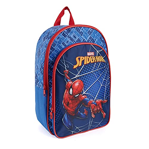 PERLETTI Mochila Niño Marvel Spider Man con Bolsillo Frontal - Mochilita para Niños Spiderman con Tirantes Regulables Azul y Rojo - Bolso Escolar Hombre Araña para Colegio Guardería - 36x25x12 cm