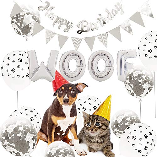 Petyoung Kit de Decoración de Fiesta para Mascotas Globos con Estampado de Pata de Perro Globos de Papel de Aluminio Banner de Feliz Cumpleaños Letras de Guau Decoraciones para Perros