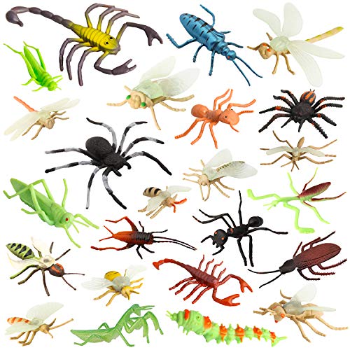 Pinowu Insecto Figuras de juguetepara niños (24 Piezas), 3-8 cm Realistas Figuras Incluyen Arañas Falsas, Cucarachas, Escorpiones, Grillos, Lady Bugs, Mantis y Gusanos para educacion favores Fiesta